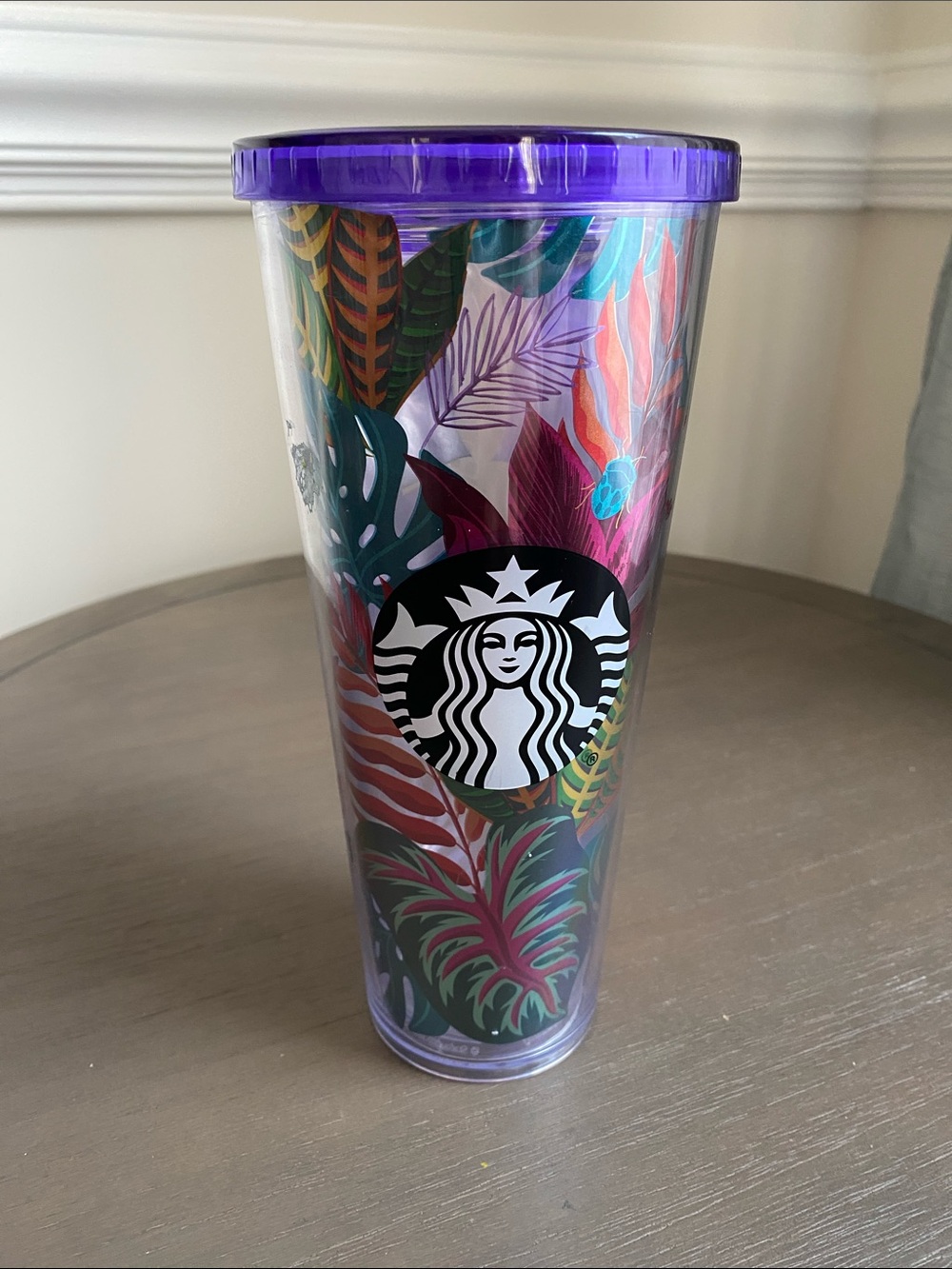 Starbucks Multicolor Tropical Leaf Tumbler with Purple Lid